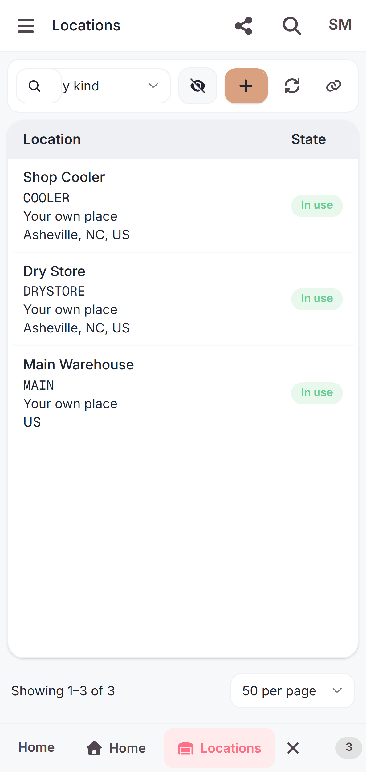 Three locations listed (a shop cooler and a dry store in Asheville, North Carolina, and a main warehouse) each marked as somewhere the business owns and currently in use. A batches tab sits alongside.